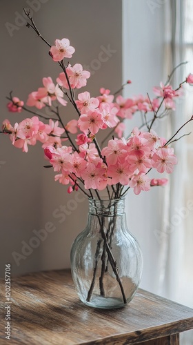 Cherry blossoms in a glass vase placed on a wooden table near a window with s...