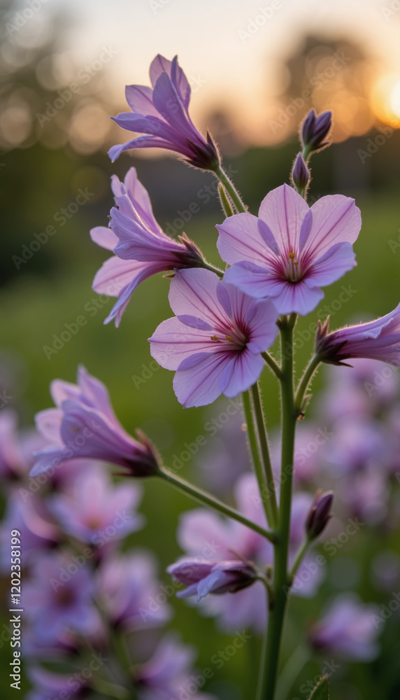 Fototapeta premium Delicate pink flowers blooming at sunset 