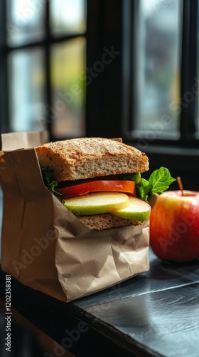 Unique fusion of healthy snacks with apple on top of a sandwich in a brown pa...