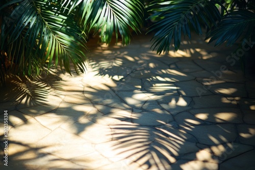 Shadows of palm leaves cast on a sunlit stone walkway in a tranquil outdoor s...