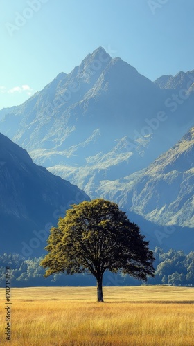 Majestic mountain backdrop with a solitary tree in a golden field during clea...