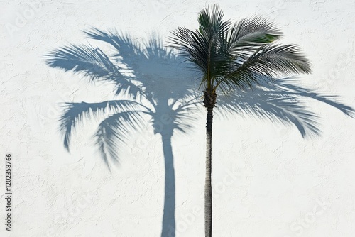 Palm tree casting shadow against a bright white wall in a sunny outdoor setting