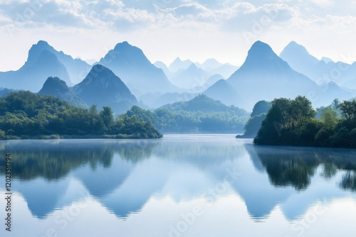 Majestic mountains reflect in tranquil lake under clear sky at sunrise