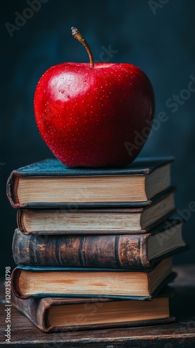Bright red apple placed on a stack of vintage books in a dimly lit setting