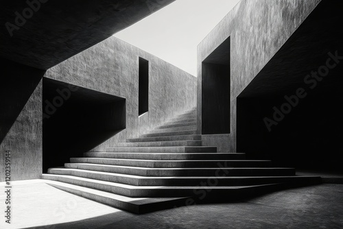 Modern concrete staircase in an abstract architectural space with dramatic lighting photo