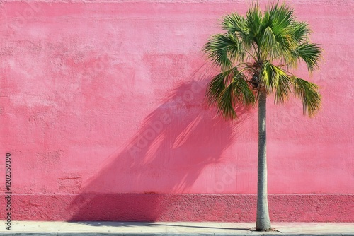 Bright pink wall with palm tree and blank sign in tropical location