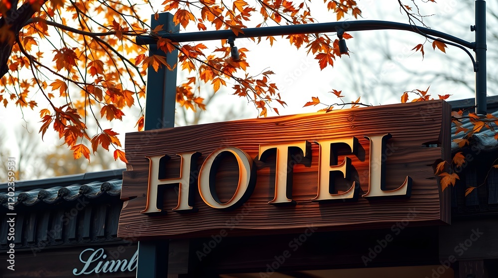 Obraz premium Hotel sign near a tropical beach, palm trees visible, iridescent colors reflecting in a wet rainy scene, elegant refined features in a high-quality commercial image