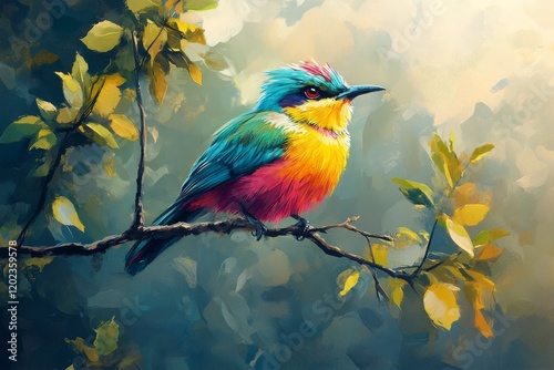 Colorful bird perched on a branch with vibrant foliage in a serene natural se...
