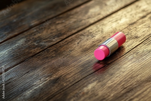 Vibrant pink lipstick resting on rustic wooden surface during indoor makeup r...