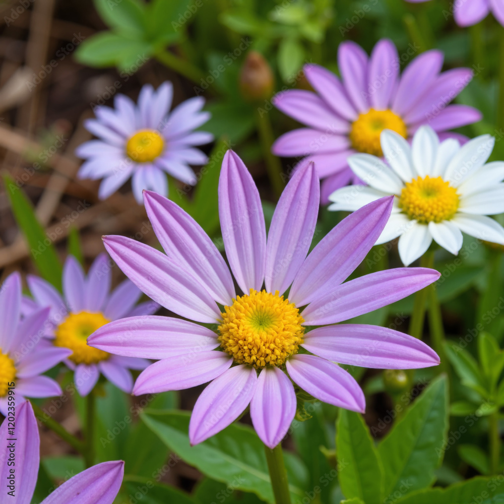 Colorful daisies blooming in a lush green garden
Colorful daisies blooming in a lush green garden