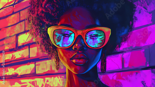 Stylish afrobeat enthusiast in neon graffiti alley with holographic fashion. Neon Graffiti Alley. Illustration photo