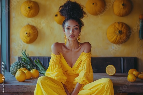 Beautiful model in yellow outfit posing against vibrant blue background with ...