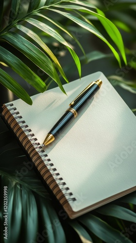 Beautiful green plant placed beside a journal and pen on a wooden table in na...