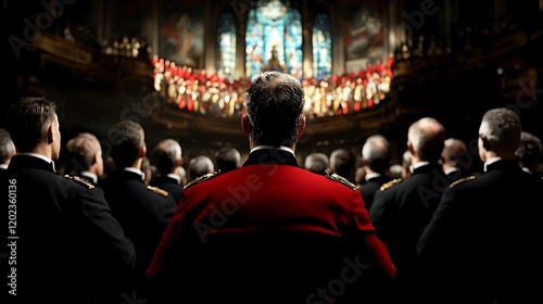 Men in formal wear, listening to a choir in a cathedral. Possible use stock photo for religious events, historical events, or ceremonies photo