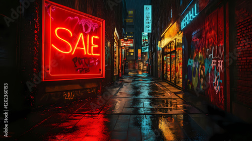 Urban alley at night with a store featuring a large red neon sign displaying the word 'sale'. wet street reflecting neon lights adds mood to the scene. Neon Graffiti Alley. Illustration photo