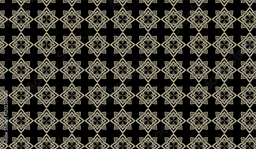 Elegant beige geometric pattern on a black background with symmetrical star shapes.