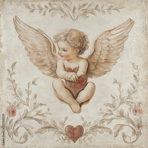 Delightful cherub with wings holding a heart in a vintage-style artwork featuring floral designs