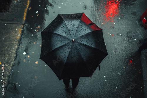 Person walking on a rainy pathway holding a black umbrella surrounded by lush...