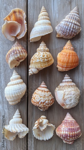 Shell collection arranged on a wooden surface showcasing various colors and p...