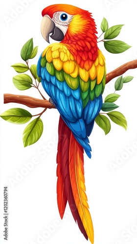 Colorful parrot perched on a branch amidst lush green leaves in a vibrant tro...
