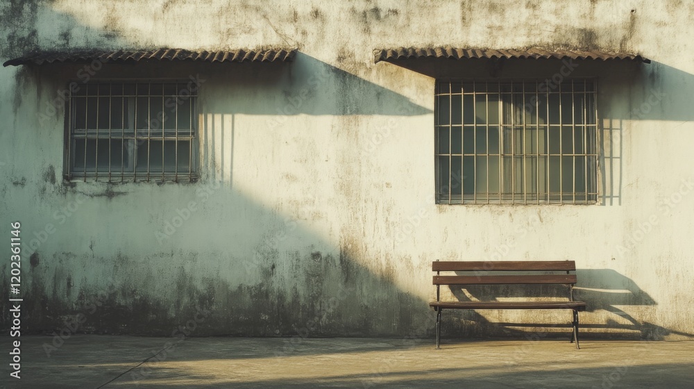 Weathered wall with two barred windows and bench. Weathered wall with two barred windows and bench.