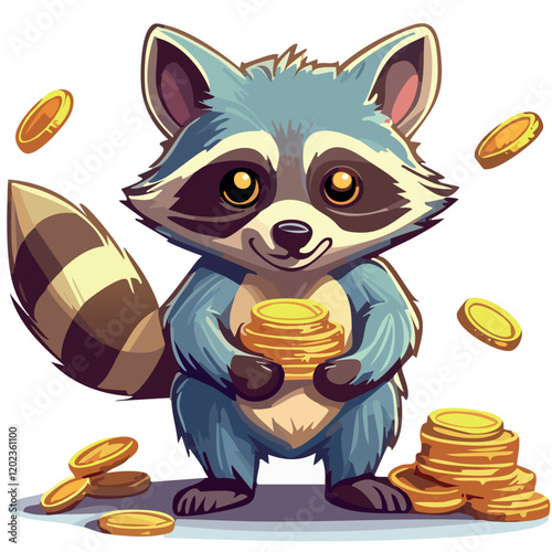 Raccoon with a handful of coins in his paws isolated on a white background. Vector illustration. Perfect for print, banner, invitation, greeting card, t-shirts, pillows, plates, mugs, backpacks, hoodi