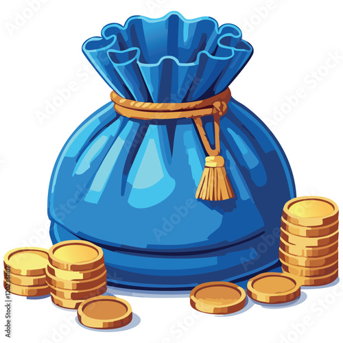 Blue bag with gold coins isolated on a white. Vector illustration or icon for computer or phone games.