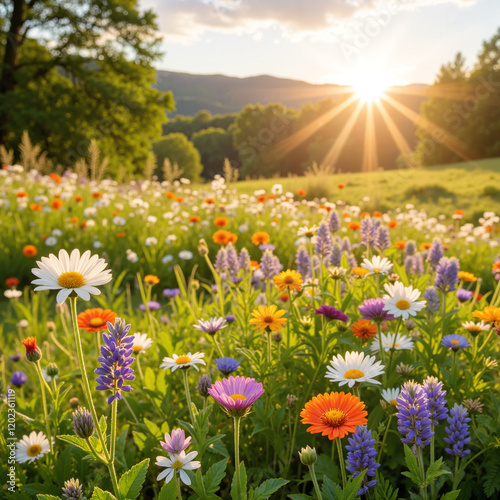 Colorful wildflower meadow glowing in golden mountain light