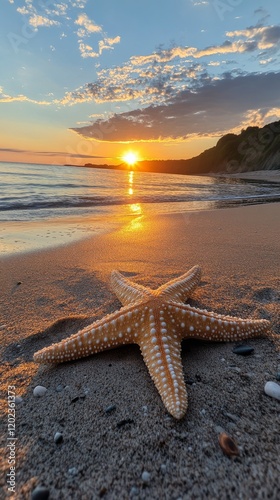 Starfish on the beach at sunset with colorful sky and gentle waves