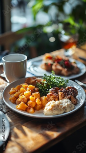 Delicious brunch spread featuring savory dishes and fresh ingredients in a co...