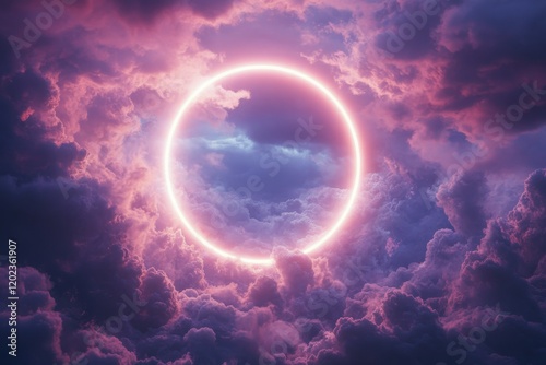 Ethereal pink clouds illuminated by a glowing circle at dusk