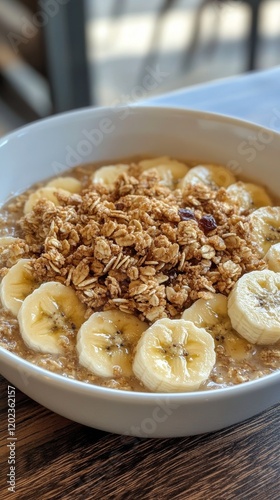 Healthy breakfast bowl with granola and fresh bananas prepared in a stylish k...