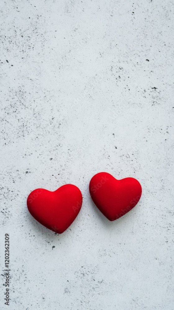 Two red hearts lying on a white textured background create a romantic atmosphere, perfect for valentine's day, women's day, or any occasion celebrating love and affection Two red hearts lying on a white textured background create a romantic atmosphere, perfect for valentine's day, women's day, or any occasion celebrating love and affection