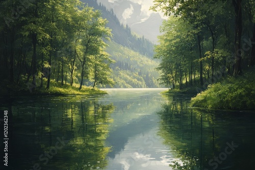Calm river reflecting green trees and mountains in serene nature setting at s...