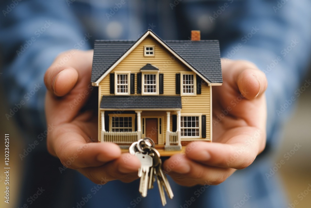 Individual presenting a small model house with keys outdoors in natural light Individual presenting a small model house with keys outdoors in natural light