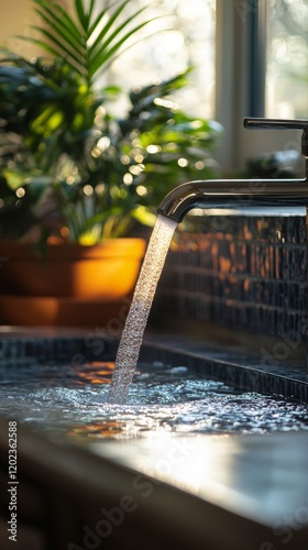 Water flowing from a kitchen faucet surrounded by indoor plants in a sunlit s...