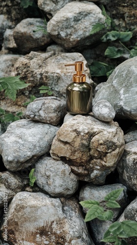 Elegant granite soap dispenser on stacks of smooth stones by a river bank in ...