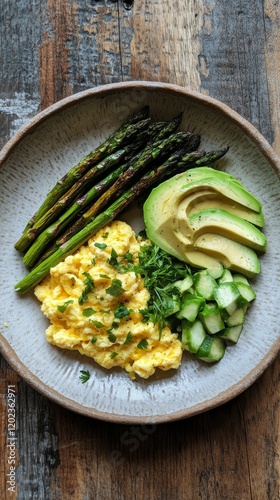 Healthy breakfast plate with scrambled eggs, asparagus, and avocado arranged ...