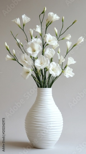 Beautiful white cherry blossoms arranged in a simple vase on a wooden table i...