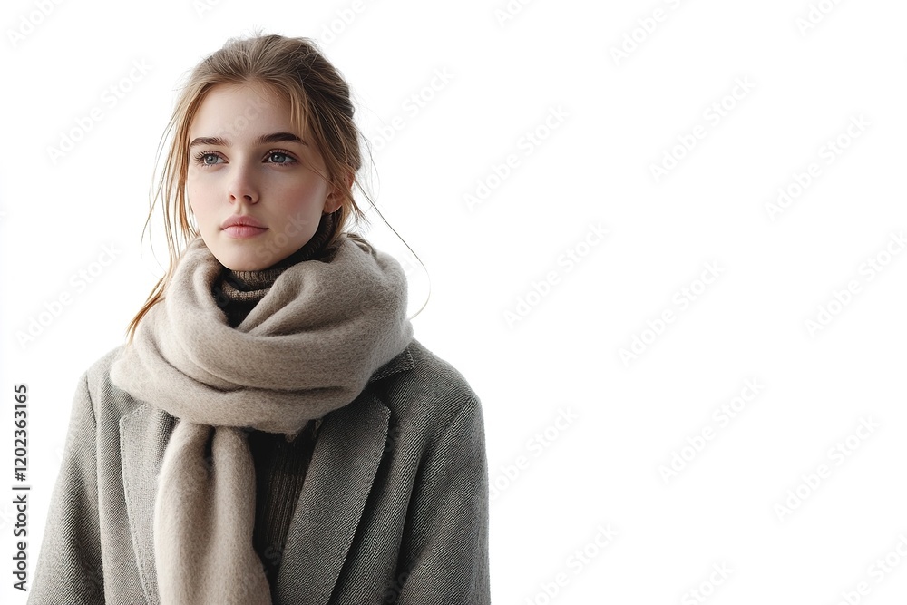 A young woman stands outdoors in a coat and large scarf, her thoughtful expression reflecting the crisp atmosphere of a cool winter day. Soft colors emphasize her serene mood A young woman stands outdoors in a coat and large scarf, her thoughtful expression reflecting the crisp atmosphere of a cool winter day. Soft colors emphasize her serene mood