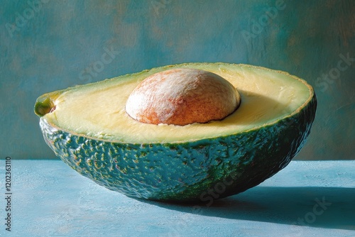 Freshly sliced avocado with water droplets on vivid blue background