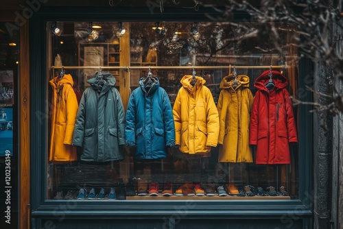 Colorful collection of coats displayed in a shop window in an urban setting d...