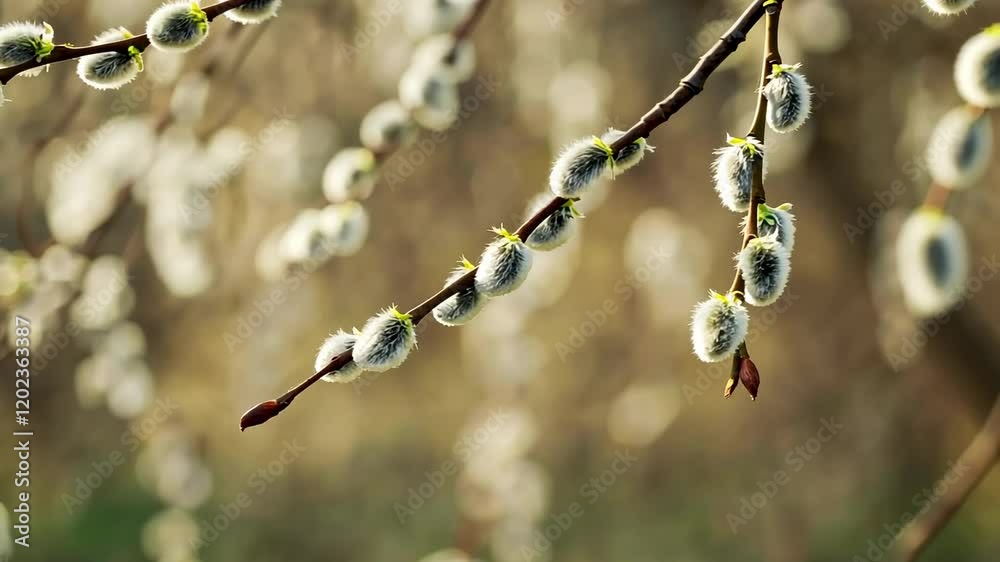 Springtime bloom: closeup of willow catkins swaying gracefully in gentle breeze Springtime bloom: closeup of willow catkins swaying gracefully in gentle breeze