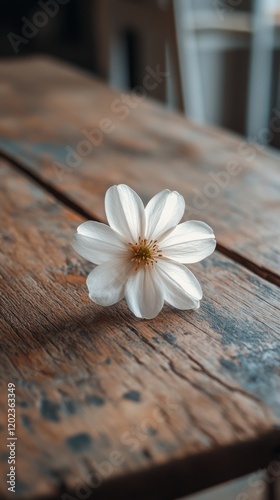 White flower resting on rustic wooden table in a cozy indoor setting during d...