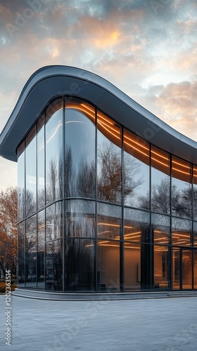 Stunning modern architecture of a sleek house with curved design at twilight