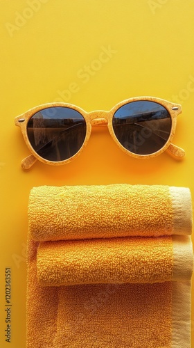 Bright yellow sunglasses and towel arranged on a sunny background for summer ...