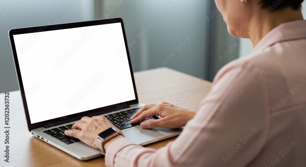 Business woman worker or student elearning looking at white mock up blank screen using laptop computer learning online, remote working, searching on web. Website mockup display template. Over shoulder Business woman worker or student elearning looking at white mock up blank screen using laptop computer learning online, remote working, searching on web. Website mockup display template. Over shoulder