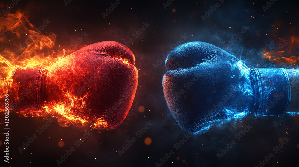 Intense boxing gloves in fiery red and icy blue clash in an epic showdown Intense boxing gloves in fiery red and icy blue clash in an epic showdown