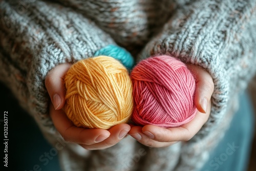 Soft yarn balls held in cozy hands, showcasing vibrant colors and textures in...
