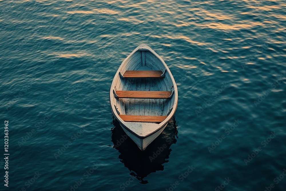 Obraz premium Soft morning light over a tranquil lake with a single boat drifting in the mist